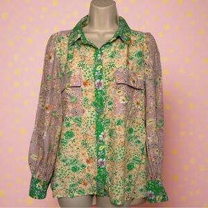 Loft Floral Crepe Utility Shirt Boho Balloon Sleeve Western Green Lavender SZ M